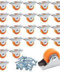 24 Pack 1 Inch Rigid Casters With Sturdy Metal Top Plate Low Profile Fixed Wheels For Furniture And Cabinet Parts Smooth Rolling Mount Kit Included In Bold Orange Finish with screws.