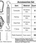 80 Piece Shade Sail Hardware Kit For 6 Inch Components, Ideal For Triangle Or Rectangle Sun Shade Sail Installations, 304 Stainless Steel, Garden And Outdoor Use, All In One Hardware Pack For Easy Mounting accessories list