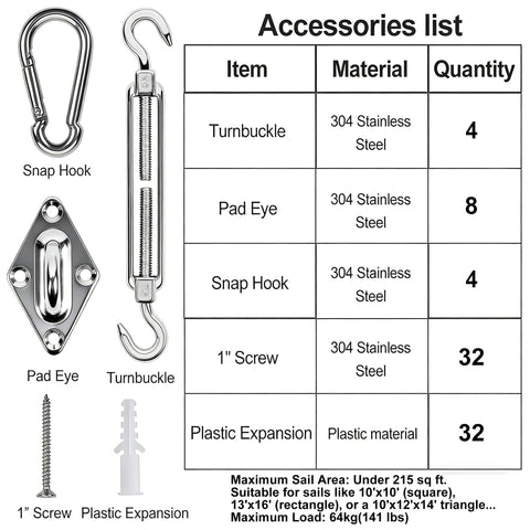 80 Piece Shade Sail Hardware Kit For 6 Inch Components, Ideal For Triangle Or Rectangle Sun Shade Sail Installations, 304 Stainless Steel, Garden And Outdoor Use, All In One Hardware Pack For Easy Mounting accessories list