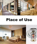 Six Pack Heavy Duty Fire Sprinkler Head Covers With Slick Electroplated Coating mounted in a modern bedroom setting.