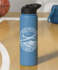 Sailplane Pilot Insulated Stainless Steel Water Bottle For Soaring Club Members And Glider Fans Keeps Drinks Cold Or Hot Through Towplane Launches And Final Glide Sessions All Day in blue with 'Real Pilots Don't Need Engines' design on basketball court.