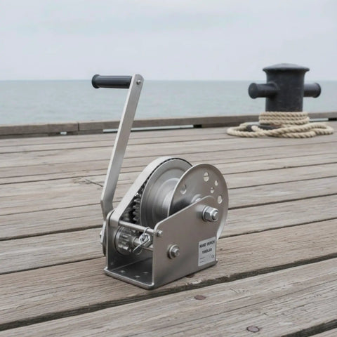 Tough As Nails 304 Stainless Steel Manual Winch Hoist Crank on dock, showcasing heavy duty gears for marine use.