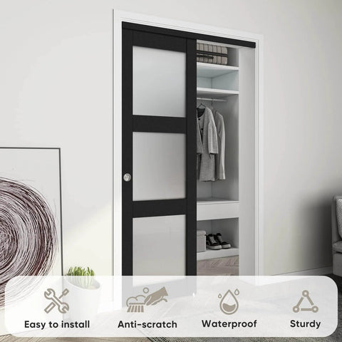 Sliding Closet Door 48 Inch Wide Two Panels Each 24.5 Inch Wide, 3 Lite Frosted Glass Bypass With Hardware Kit installed in room