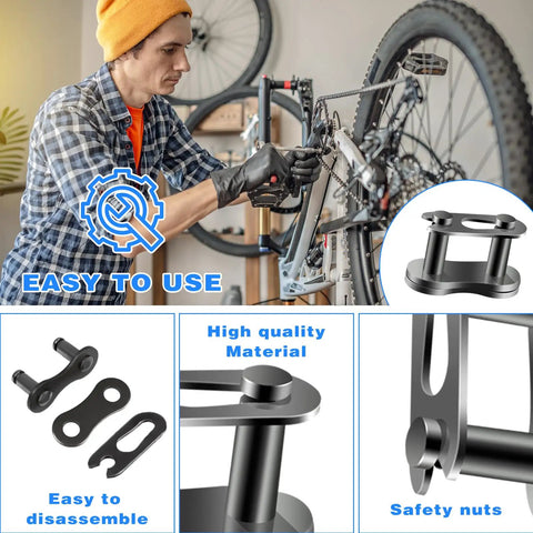Number 35 Chain Master Link Eight Pack Heavy Duty Steel Quick Release Connector shown on a bike repair setting.