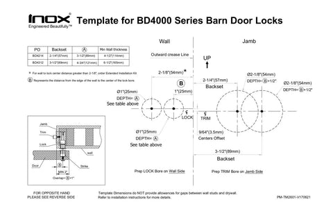 Template for BD4000 Series Barn Door Locks with measurements and installation guide.