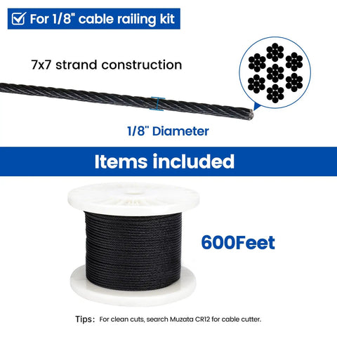 600 Ft One Eighth Inch Black Stainless Steel Cable Railing Kit For Indoor Outdoor Use With 1800 Lb Breaking Strength T316 Wire Rope 7x7 Strand Includes Hardware For Quick Install And Durable Weatherproof Rails showing spool and cable strand diagram.