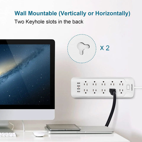 15 Foot Power Strip Surge Protector With Ten Widely Spaced Outlets Flat Low Profile Plug Wall Mountable next to computer monitor.