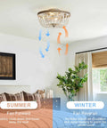 Ceiling fan in bedroom illustrating summer and winter settings with airflow direction, against a neutral backdrop.