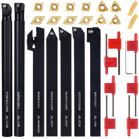 All In One Pro Grade Indexable Lathe Tool Kit 21Pcs Set With 7 Tool Holders And 14 Carbide Inserts For Turning Grooving Boring