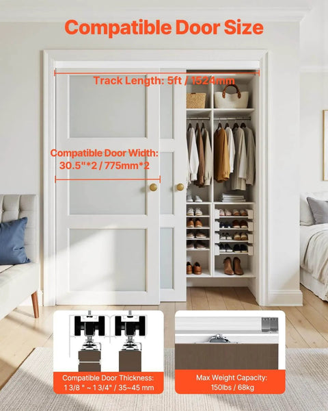 Image of Five Foot Bypass Sliding Door Hardware Kit For Closets Aluminum Alloy Rail System Two Door Set installed in a bedroom.