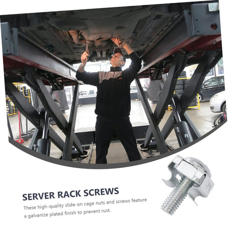 Top Shelf 100 Piece Rack Mount Screws Plus Cage Nuts Forged From Heavy Duty Steel With Zinc Coating To Keep Rust At Bay While You Rack Stack And Run Your Server Gear Like A Pro Without Breaking A Sweat. Man using rack screws on a lift in a garage.