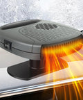 12V Portable Car Heater And Defroster Featuring Turbo 120W Fast Heating And Cooling, 360 Adjustable Airflow in grey with heat airflow.