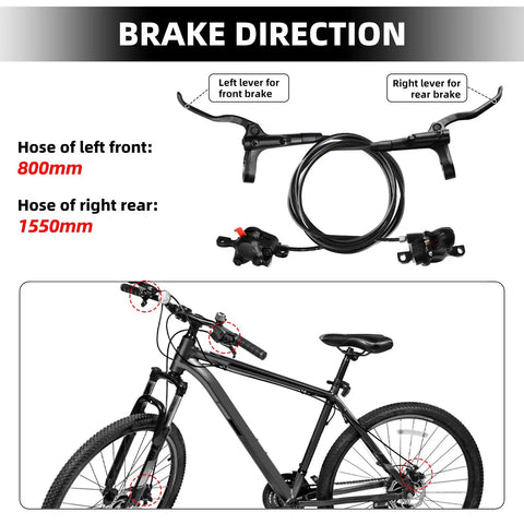 Illustration showing Beefy Hydraulic Disc Brake Set for Mountain Bikes, 2 Piston, Front 800mm, Rear 1550mm with brake direction guide.