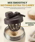 Dual Insulated Stainless Steel Protein Shaker Bottle With Separate Dry Storage Compartment And Built In Mixing Whisk 15 Oz Gym Cup showing integrated mixer in lid.