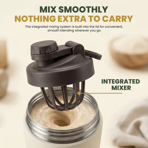 Dual Insulated Stainless Steel Protein Shaker Bottle With Separate Dry Storage Compartment And Built In Mixing Whisk 15 Oz Gym Cup showing integrated mixer in lid.