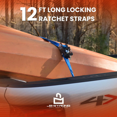 Lock It Down Pat With These Tangle Free Anti Theft Ratchet Straps 2 Pack Featuring Keyed Locks Cut Resistant Webbing and A Comfy Grip for Secure Heavy Duty Tie Downs That Keep Things Tight on a kayak during transport.