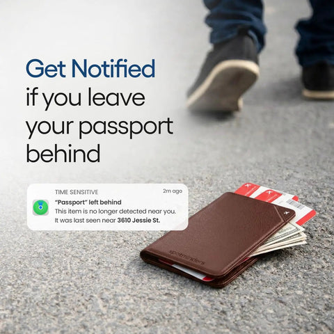 Straight Up The No Sweat Apple Find My Compatible Passport Holder With Built In Tracking And Mfi Certification Featuring Heavy Duty Rfid Shielding Plus A Three Year Rechargeable Battery For Super Smooth Trips In Brown on a concrete surface, showcasing both the holder and notifications.