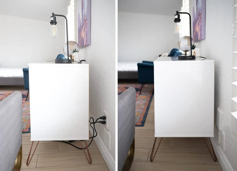 Side by side image showing before and after of Original and Patented Ultra Thin Outlet Concealer Kit With Cord Concealer For Inverted Outlets