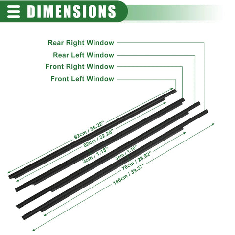Dimensions of the Weatherstrip Window Seal Belt Kit For Toyota Prius 2004-2009 Exterior Window Seals Black Rubber