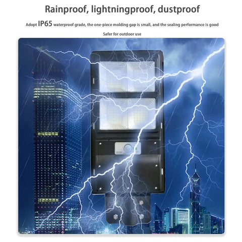 JUDYSSY Solar Lights Outdoor Led Solar Powered Motion Sensor Light Waterproof Solar Flood Light with lightning in stormy weather.