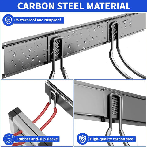 64 Inch Heavy Duty Wall Mounted Garden Tool Organizer with 10 Adjustable Hooks highlighting durable steel construction and features