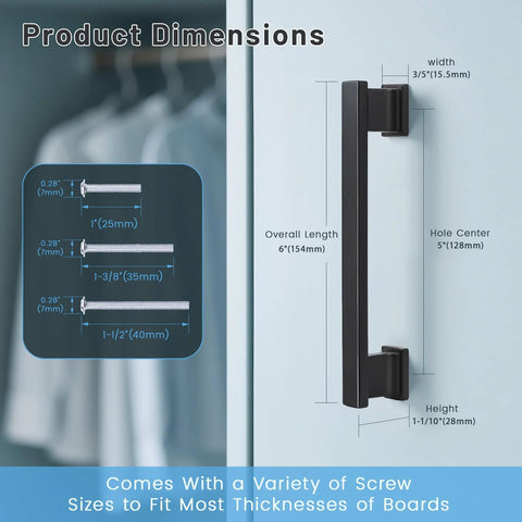 Dimensional view of 10 Pack Matte Black Solid Cabinet Pulls 5 Inch Center To Center 128mm Hole Centers with screw size options.
