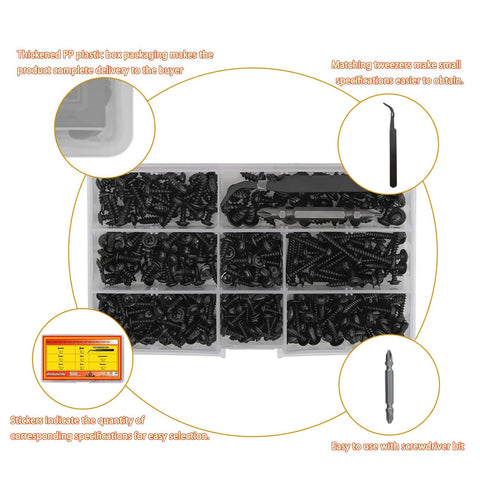 Real Deal Heavy Duty 400 Piece Black Carbon Steel Self Tapping Screws Assortment Kit with organized PP box and tweezers.
