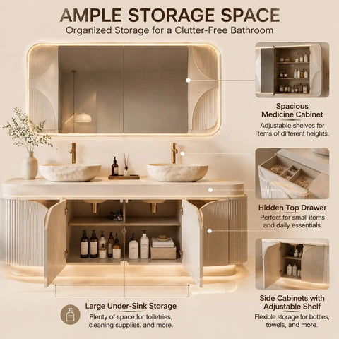 Top Shelf 60 Inch Freestanding Bathroom Vanity With Dual Vessel Sinks Illuminated Led Mirror showcasing ample storage options.