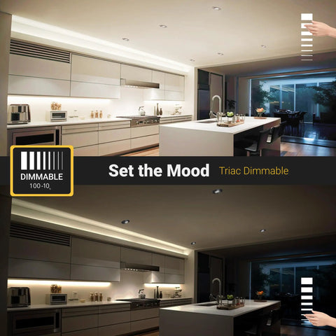 Modern kitchen with 3 Inch LED Gimbal Recessed Downlight Canless 4 Pack With 5 CCT Color Switch 2700K To 5000K 8W 600 Lumens