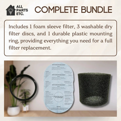 Foam Filter Sleeve Kit For Wet Dry Vacs That Snaps On Easy, Includes One Foam Sleeve, Three Reusable Dry Filters, And One Mounting Ring