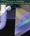 DOSIDIAG Universal Leak Detector left view: under-sink P-trap with purple tracer dye, UV glow