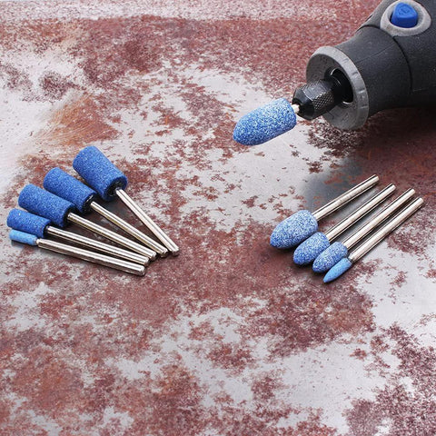 Front view of ten 1/8-in shank mounted stone grinding bits with blue abrasive heads for rotary tool grinding and polishing ferrous metal
