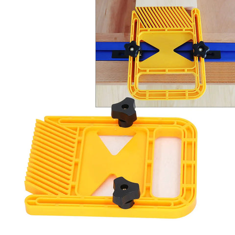Heavy Duty Extended Plastic Safety Featherboard For Table Saw Woodworking With Miter Gauge Slot And Comfort Grip Knobs on a table.