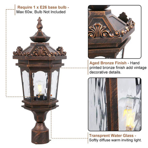 Outdoor Post Light With Pier Mount, Old School Vintage Style Yard Lamp, 60W E26 Post Lantern In Aged Bronze Finish, IP44 Waterproof