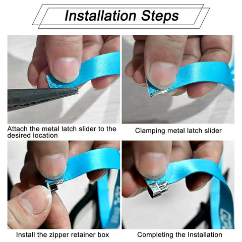 Installation steps for Four In One No Frills Zipper Repair Kit Set With Retainer Boxes And Insertion Pins For Sizes 3 5 8 10 Metal Latch Sliders In Bronze Tone.