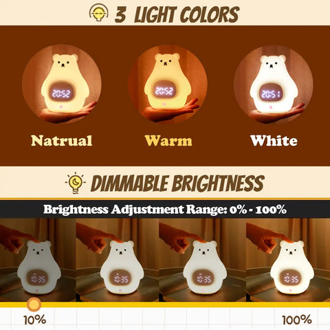 Cute Bear Night Light For Kids showing 3 light colors, natural, warm, white, with dimmable brightness feature for bedrooms.