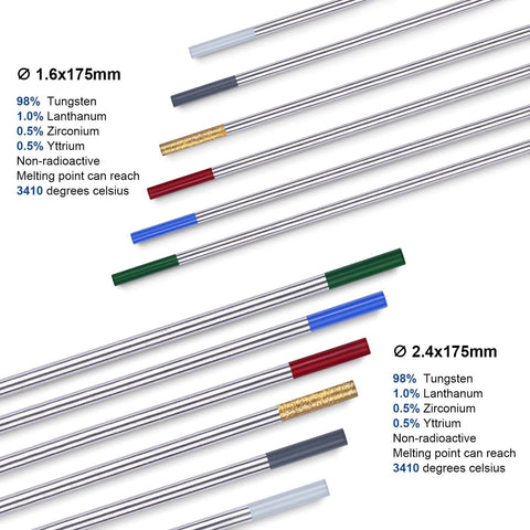 Gold Tip Lanthanated TIG Tungsten Electrodes 1.6mm X 175mm Ground Finish, multiple colors, for smooth welds on aluminum and steel.