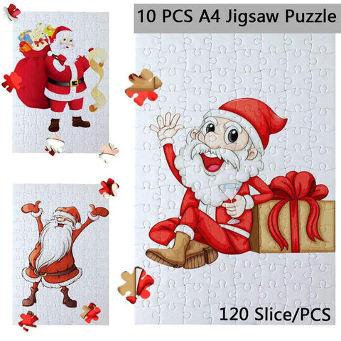 10 Pack Blank Sublimation A4 Jigsaw Puzzles With 120 Pieces Each showing Santa Claus Christmas designs for DIY heat press crafts