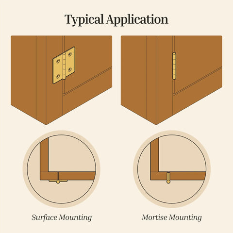 Typical application of Antique Brass Butt Hinges For Cabinet Doors And Wooden Boxes 1.5 Inch Square in surface and mortise mounting.
