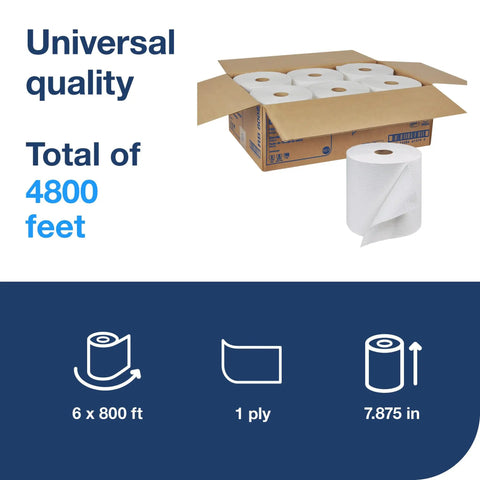 Universal White Hand Towel Roll 1 Ply, Fully Recycled Fiber, 6 Rolls Of 800 Ft Each in open box and single roll display