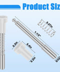Top Shelf 12 Piece Window Screen Plunger Latches Kit Featuring Solid Aluminum Pins And Stainless Steel Springs For Straight Up Quick Snap Install and Knockout Rv Repairs with product sizes and dimensions.