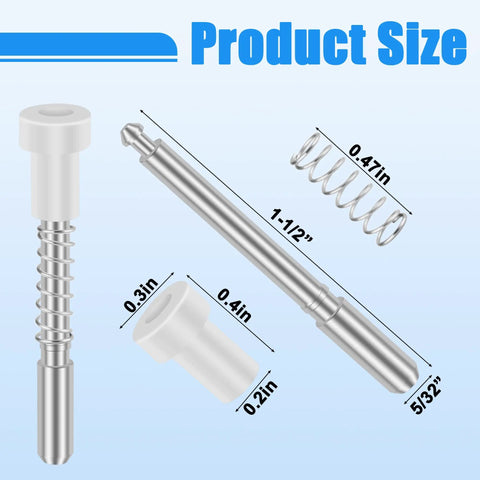 Top Shelf 12 Piece Window Screen Plunger Latches Kit Featuring Solid Aluminum Pins And Stainless Steel Springs For Straight Up Quick Snap Install and Knockout Rv Repairs with product sizes and dimensions.