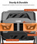 Close-up of 43-Gallon Dual Chamber Compost Tumbler with 360 Degree Rotating Design, Steel Frame, Aeration System, dual sliding doors.