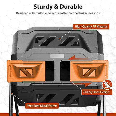 Close-up of 43-Gallon Dual Chamber Compost Tumbler with 360 Degree Rotating Design, Steel Frame, Aeration System, dual sliding doors.