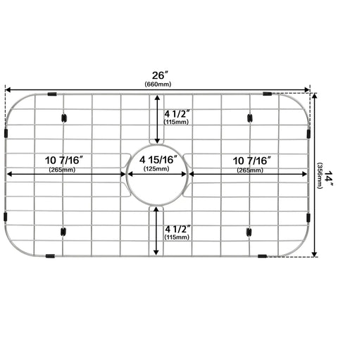 Diagram of 26 Inch Kitchen Sink Bottom Grid And Protector For Handmade Single Bowl Sink With Center Drain Hole, measured dimensions