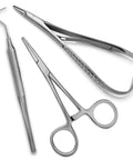 Orthodontic Braces Removal And Color Changing Kit Three Piece Set With Stainless Steel Explorer Probe Five Inch Pliers And Mathieu Tool For Easy At Home Dental Care With Ergonomic Handles And Pro Grade Performance, stainless steel trio on white