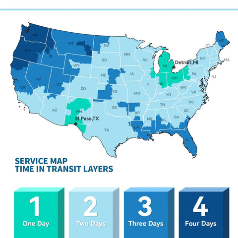 Map showing U.S. delivery time zones with colors representing one to four days transit from El Paso, TX and Detroit, MI.