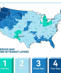 Map showing delivery transit times with color-coded regions in the United States, including El Paso, TX and Detroit, MI.