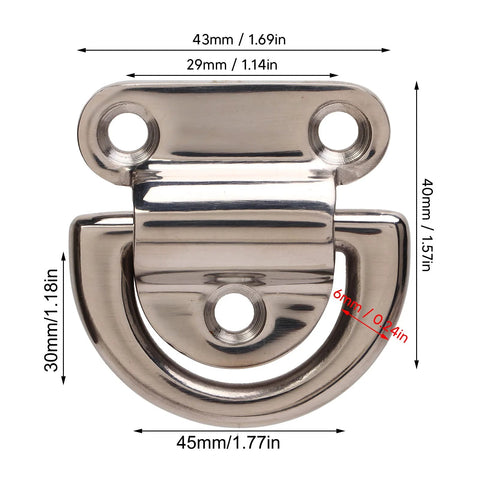 Stainless steel folding pad eye D-ring for boats; deck hardware with hinge (front view)