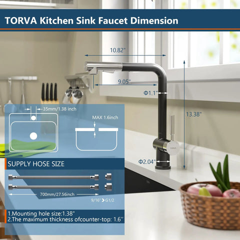 Pull Down Kitchen Faucet With Deck Plate And Sprayer, Dual Tone Matte Black And Chrome Finish, faucet dimensions and installation details